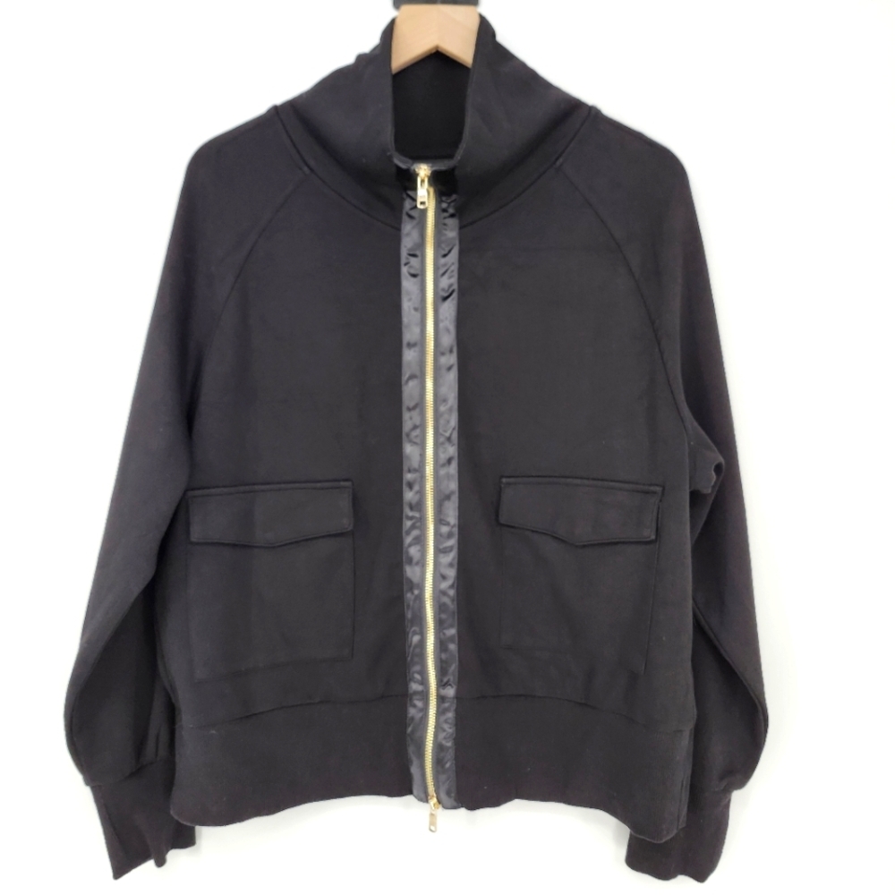 Super Soft Women's Full Zip Jacket Top Sz L Black Gold‎ Mock Neck Model Off Duty